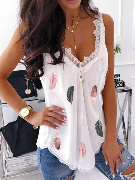 

Leaves V Neck Casual Tanks & Camis, White, Tank Top