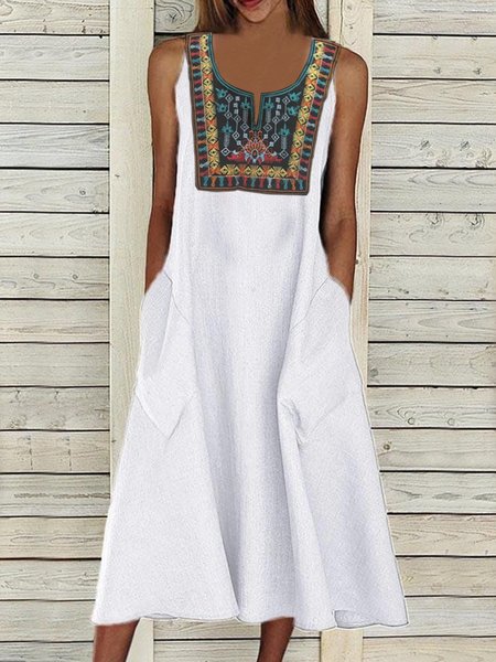 

Notched Cotton Boho Dresses Plus Size, White, Boho dresses