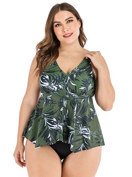 

Green Leaf Print Sexy Push Up Split Large Tankini Swimsuit, Swimwear