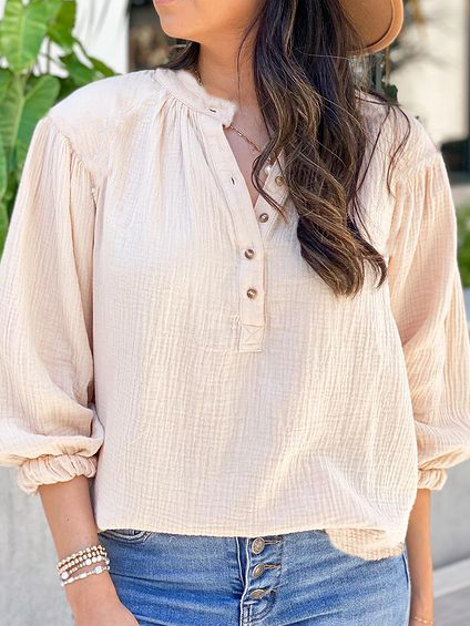 

V Neck Cotton Blends Casual Shirts & Tops, Beige, Tops