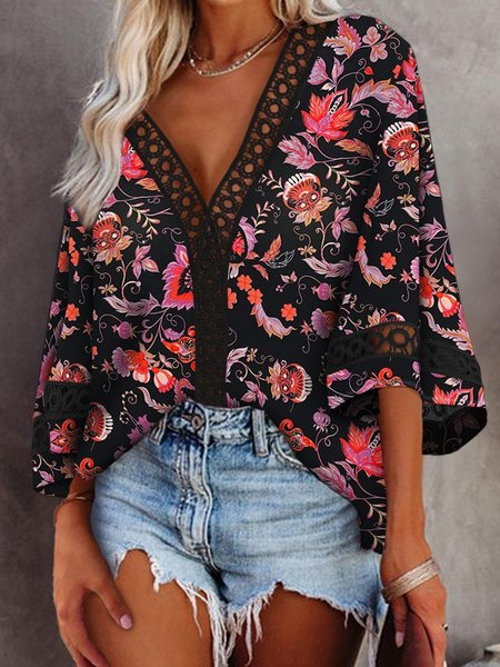 

Floral Printed Lace V Neck Casual Loosen Three Quarter Shirts & Tops, Black, T-Shirts