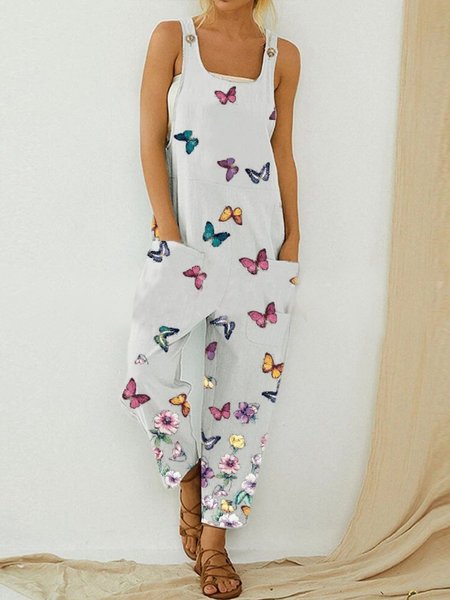 

Butterfly Flower Women's Bib Loose Women's Jumpsuit, White, Jumpsuits＆Rompers