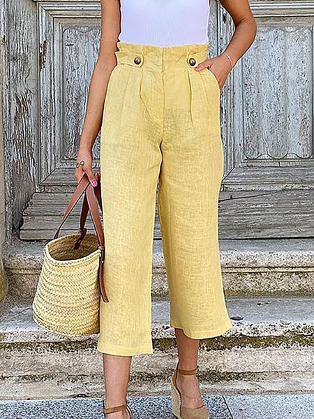 

Loosen Solid High Waist Straight Leg Pants Daily Bottoms, Yellow, Pants
