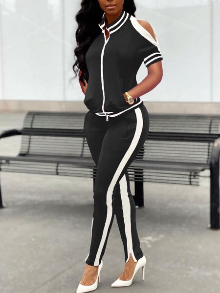 

Home Outdoor Leisure Zipper Split Sports Suit, Black-white, Suit Set