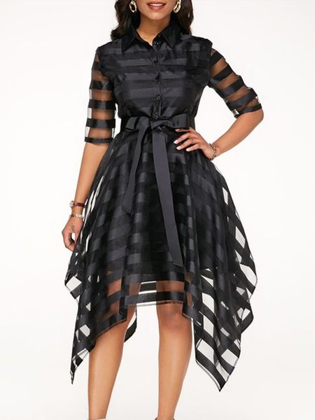

Elegant Striped Shirt Collar Daily Dress, Black, Midi Dresses