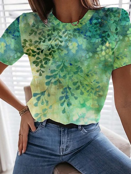 

Casual Loosen Leaves Shirts & Tops, Green, T-Shirts