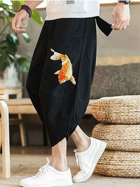 

Chinese Wind Embroidered linen Nine Points loose Haroun Pants, Black, Men's pants