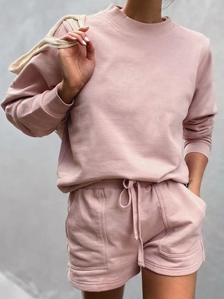 

Casual Crew Neck Daily Long sleeve Two Piece Sets, Pink, Pants Set