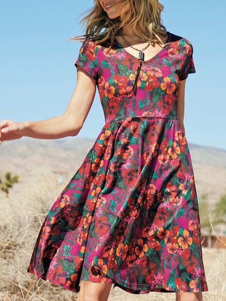 

Floral Cotton Blends Vacation Dresses, Multicolor, Midi Dresses