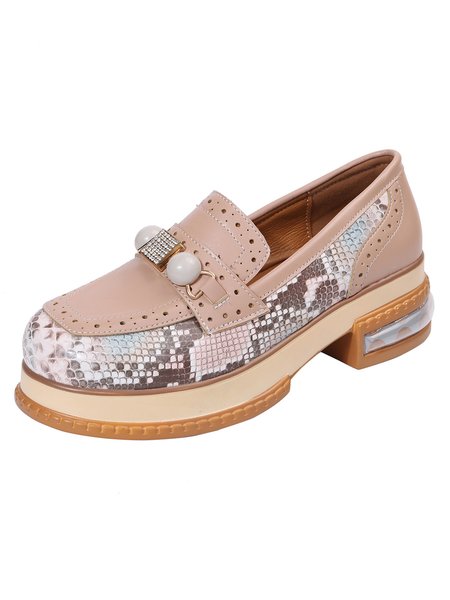

Rhinestone-embellished Snake-print Faux Leather Block-heel Oxfords, Apricot, Flat & Loafers