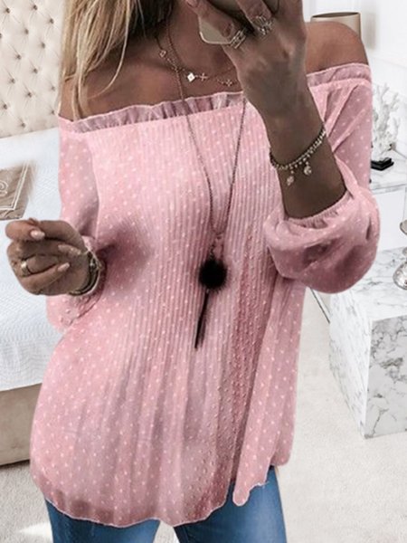 

Casual Polka Dots Off The Shoulder Loosen Long Sleeve Shirts & Tops, Pink, Tops