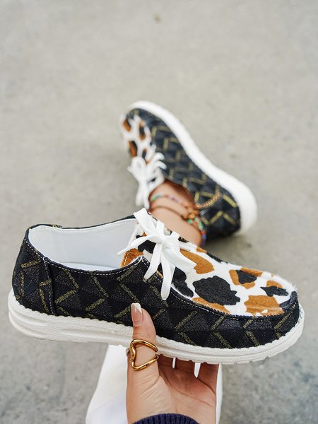 Brown and Black Cow Pattern Mohair Panel Lace-Up Flats, As picture, Flats