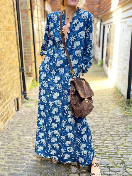 

Floral Henley Loosen Dresses, Blue, Maxi Dresses