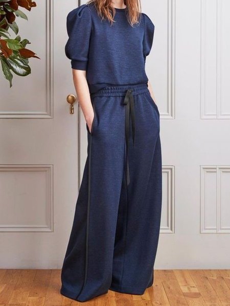 

Solid Puff Sleeve Regular Fit Suits, Blue, Two-piece Set