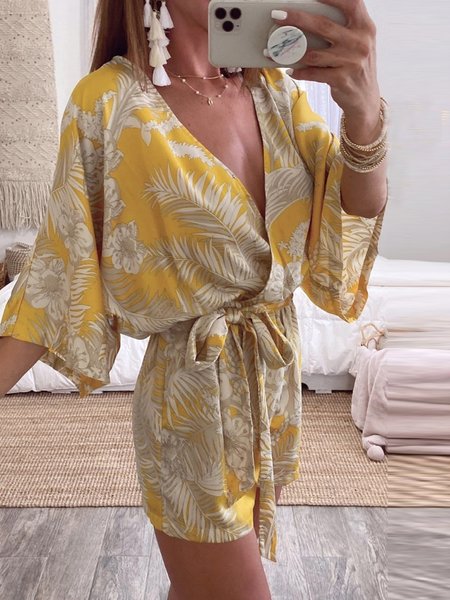 

Sexy V-Neck Casual Bodysuit Lace Up Pajama Jumpsuit, Yellow, Jumpsuits＆Rompers