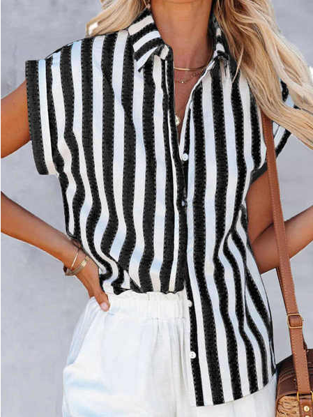 

Stripe Loosen Casual Cotton Blends Shirts & Tops, Black, Shirts & Blouses