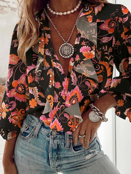 

V Neck Casual Shirts & Tops, Flower, Blouses & Shirts