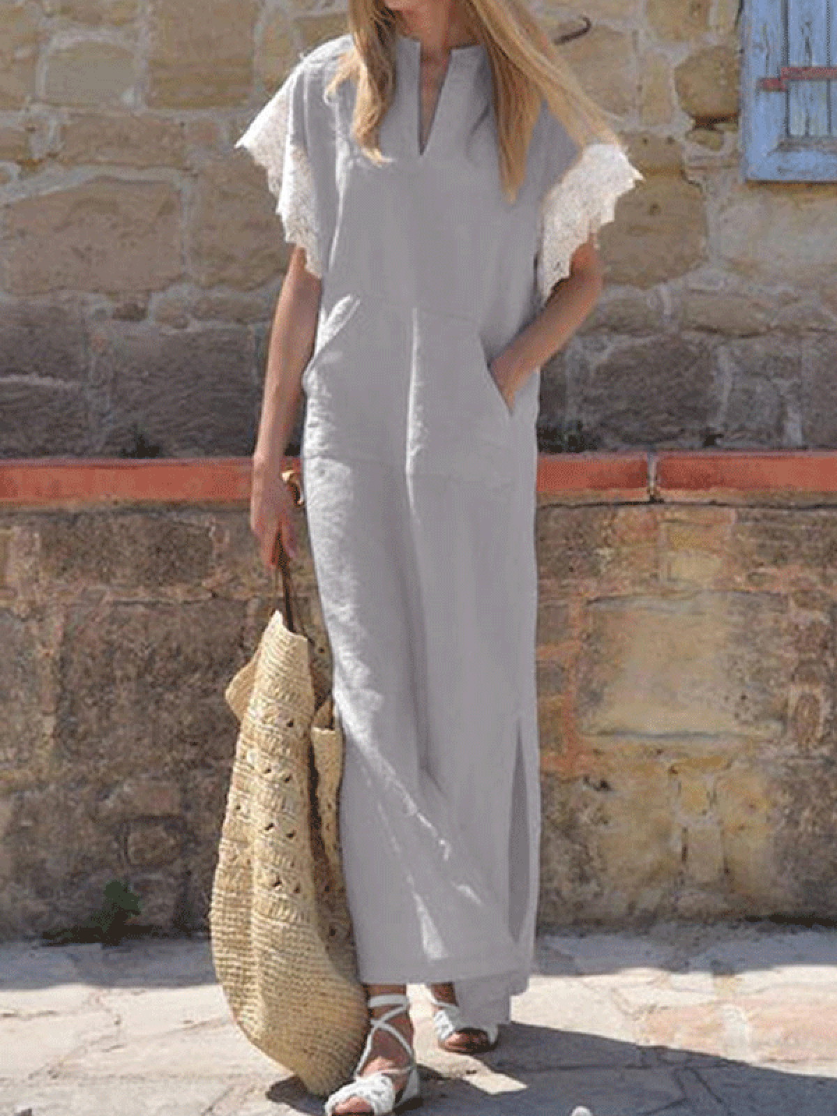Cotton blends Lace Sleeve Notched Casual Plain Maxi Dresses, Gray, Boho dresses