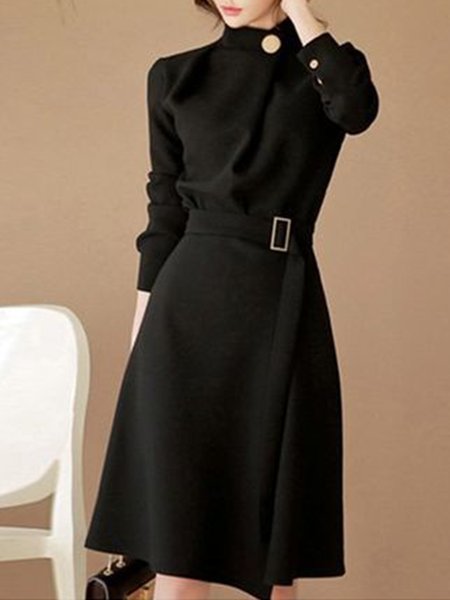 

Plain Stand Collar Regular Fit Daily Dress, Black, Midi Dresses