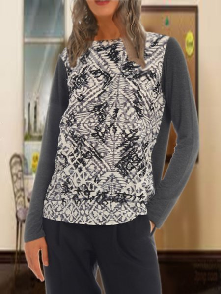 

Crew Neck Loosen Geometric Shirts & Tops, Gray, Long sleeve tops