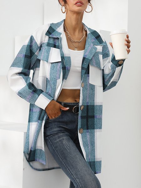 

plaid print single-breasted long-sleeve coat, Multicolor, Outerwear