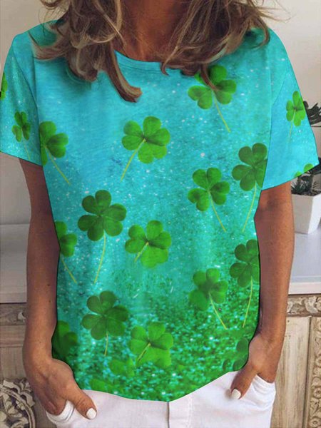 

St. Patrick's Day clover print short-sleeved T-shirt, As picture, T-shirts