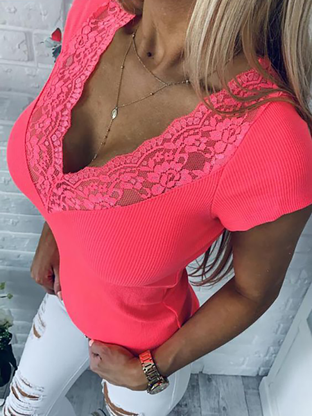 

Plus size Sexy V Neck Lace Shirts & Tops, Rose red, T-Shirts