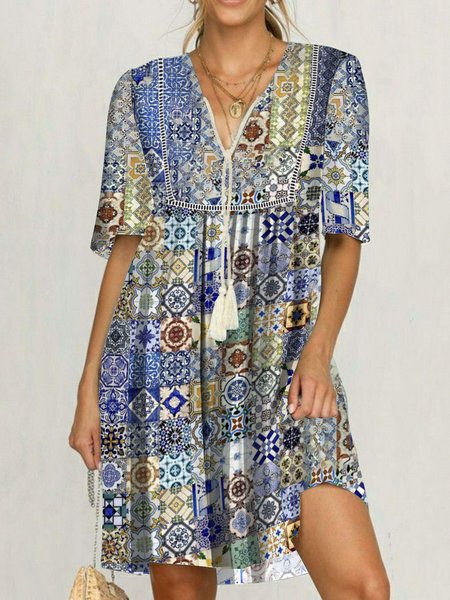 

V Neck Lace-Up Tribal Short sleeve Woven Dress, Blue, Midi Dresses