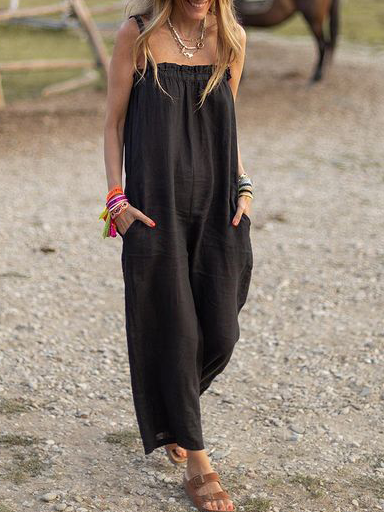 Linen Plain Casual Spaghetti One-Pieces, Black, Jumpsuits