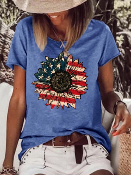 

America Sunflower Letter Short sleeve tops, Blue, T-shirts