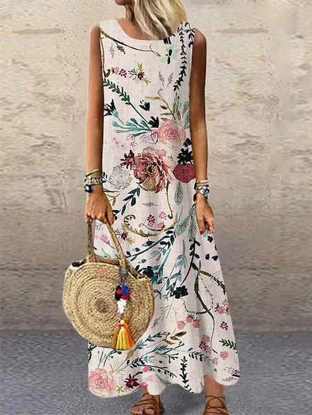 

Floral Cotton Blends Casual Vacation Regular Fit Short sleeve Maxi Dress, Multicolor, Maxi Dresses