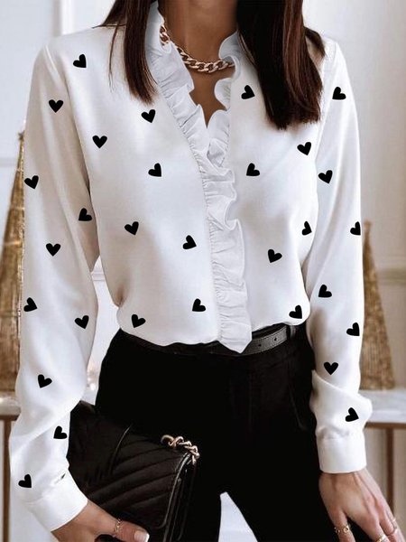 

Hearts Printed V Neck Long Sleeve Loosen Shirts & Tops, White, Blouses & Shirts