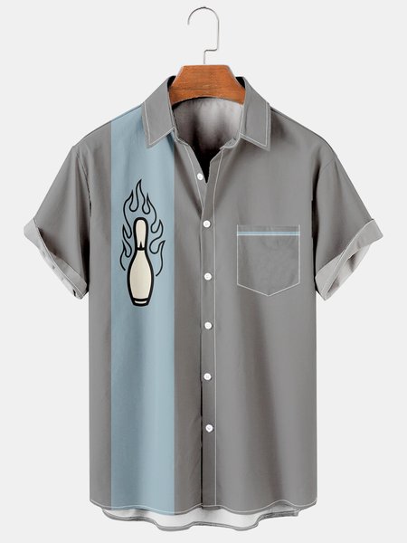 

Casual Style Sports Series Bowling Element Pattern Lapel Short Sleeve Print Shirt Top, Gray, Men's Floral shirt