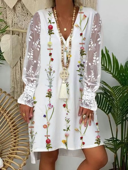 

V Neck Floral Cotton Blends Long sleeve Vacation Dress, White, Mini Dresses