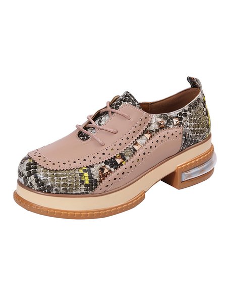 

Snake-paneled Faux Leather Block-heel Lace-up Oxfords, Apricot, Flat & Loafers