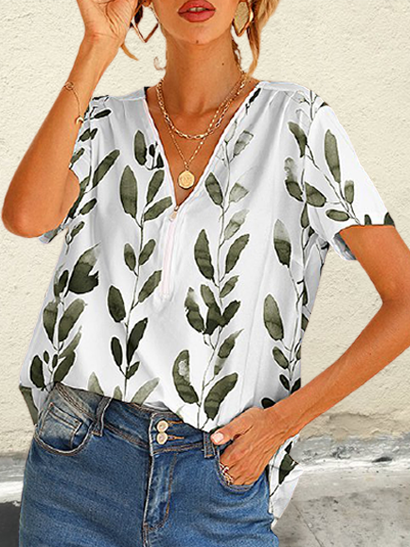 

Green Leaf Vines Front Zip V-Neck T-Shirt Casual Shirts & Tops, White, T-Shirts