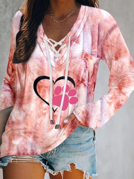 

Love Heart Ombre Long Sleeve Lace-up V Neck Plus Size Casual Tops, Multicolor, T-Shirts