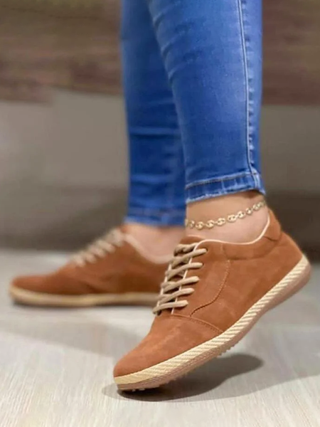 

Solid Color Woven Sole Lace Up Casual Shoes, Brown, Flat & Loafers