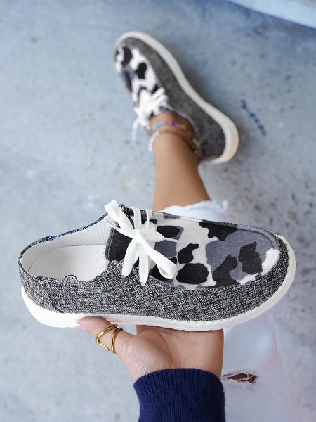 

Mohair Cow Pattern Stitched Canvas Lace-up Casual Shoes, As picture, Flats