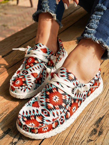 Denim Western Ethnic Pattern Lace-up Flats, Red, Flats