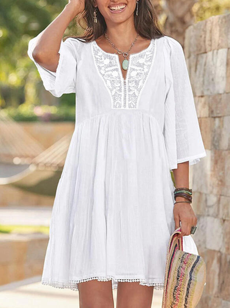 

Lace/Solid/Hollow-out 3/4 Sleeves A-line Above Knee Casual/Vacation Skater Dresses, White, Boho dresses