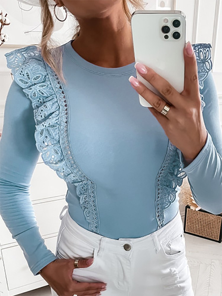 

Lace Long sleeve Crew Neck Plain Casual Long Sleeve T-shirt, Blue, T-Shirts