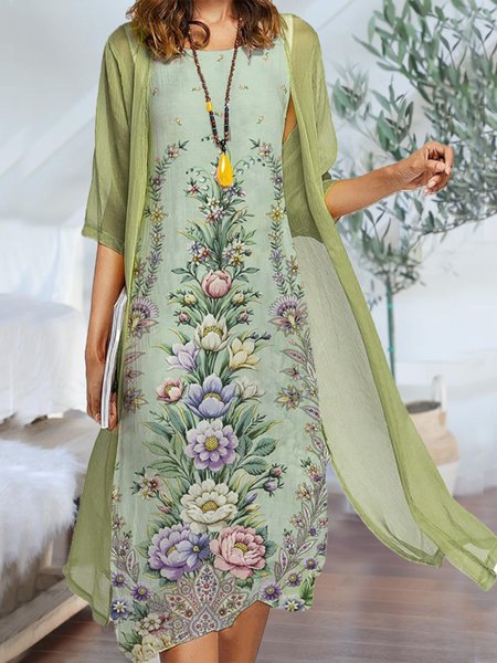 

Two Piece Floral Print Casual Round Neck Half Sleeve Midi Dresses, Green, Maxi Dresses