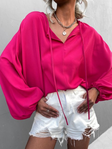 

V Neck Casual Loosen Solid Top, Rose red, Blouses and Shirts