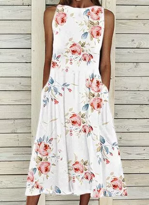 

Boat Neck Floral Casual Dresses, White, Midi Dresses