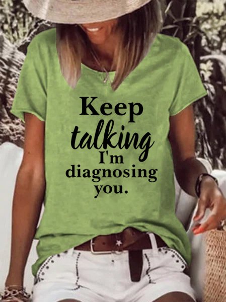 Funny text print round neck short sleeve T-shirt, Green, T-shirts