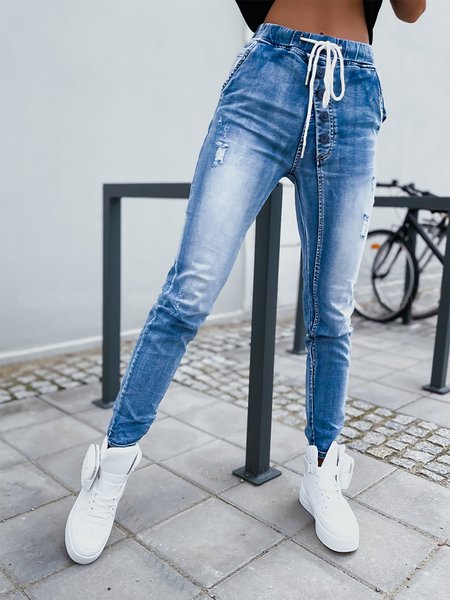 

Buttoned Ripped Denim Pants, Blue, Jeans