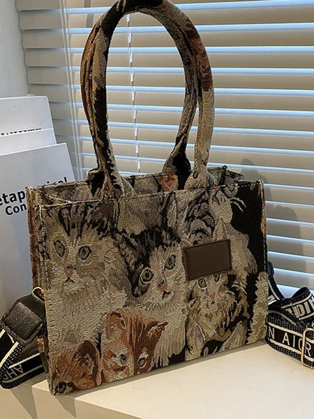 

Cat Pattern Canvas Versatile Hand & Messenger Bag, Brown, Women's Bags