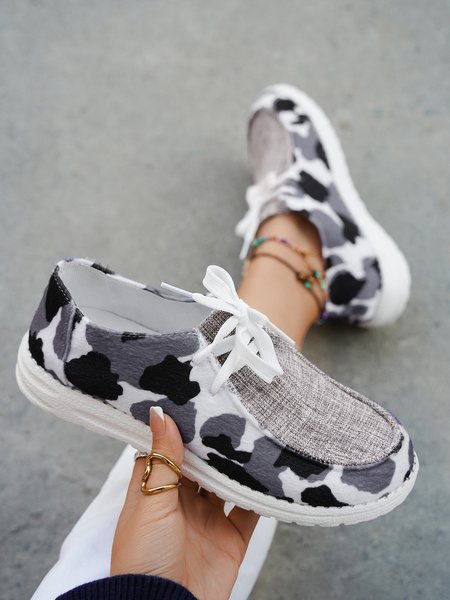 Grey Cow Pattern Lace-Up Flats, As picture, Flats