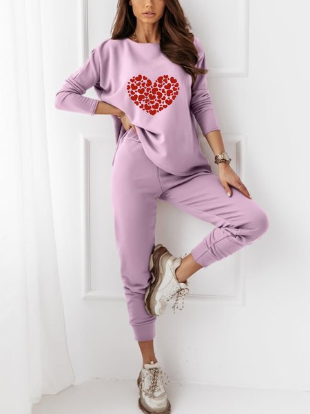 

Casual Long Sleeve Round Neck Plus Size Printed Tops With Pants, Purple, Two-piece Outfits